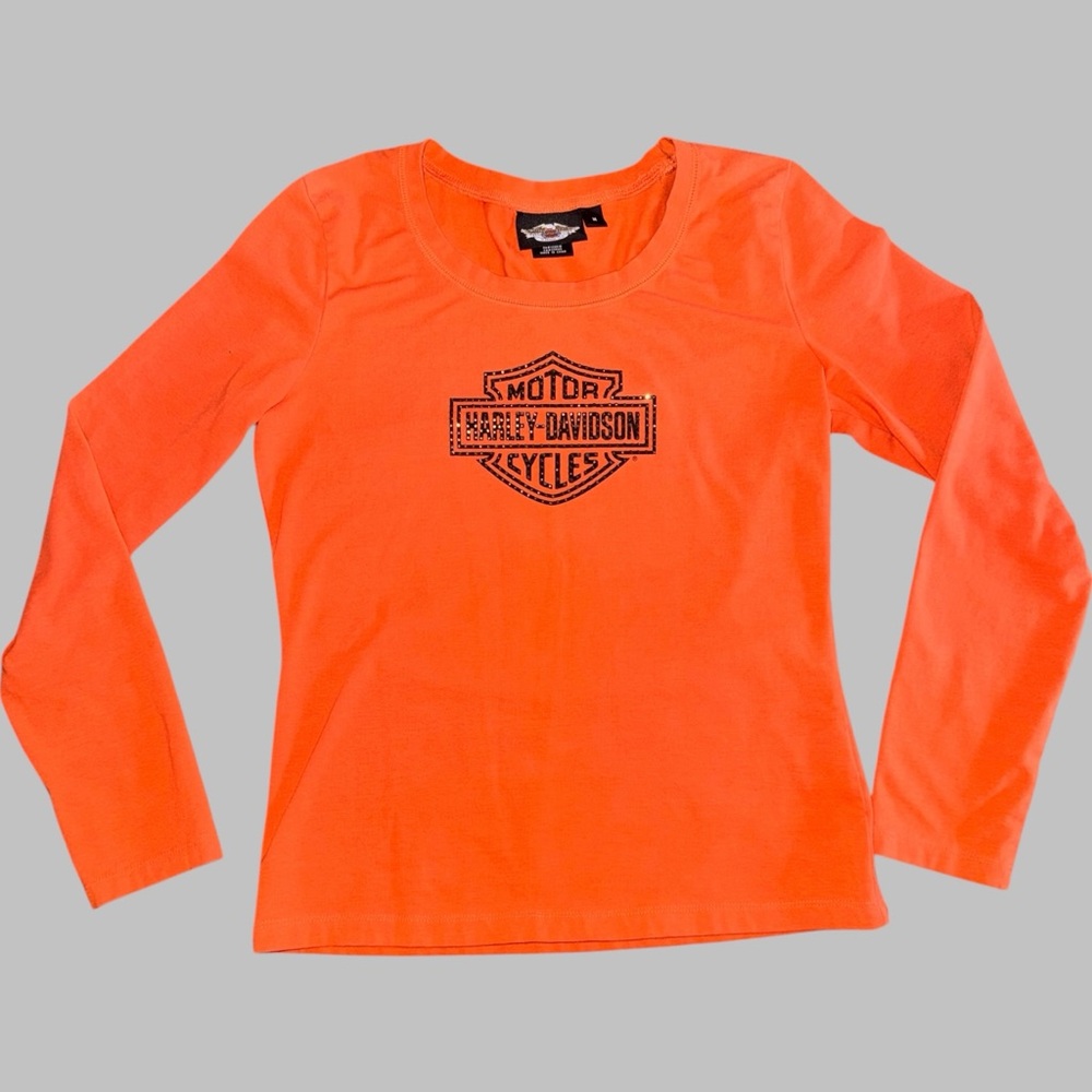 Harley-Davidson Orange Long Sleeve Rhinestone Bar & Shield Logo Shirt Women’s M